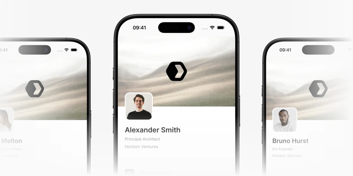 Three branded digital business cards for a team