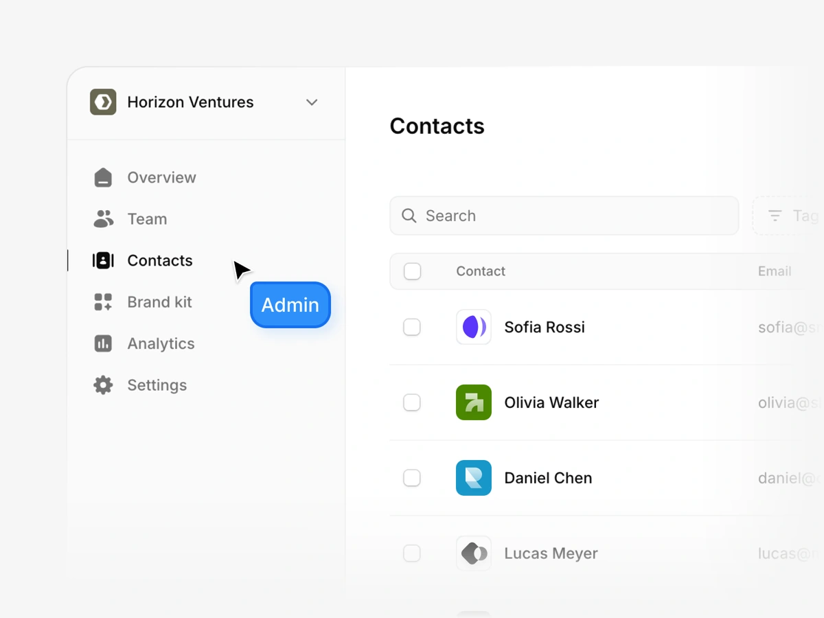 Shared contacts dashboard in Tapify Teams