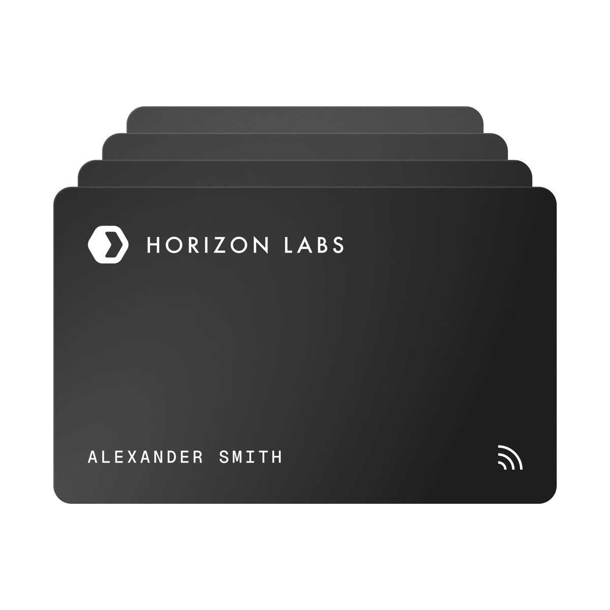 Vier personalisierte NFC-Visitenkarten im Firmendesign