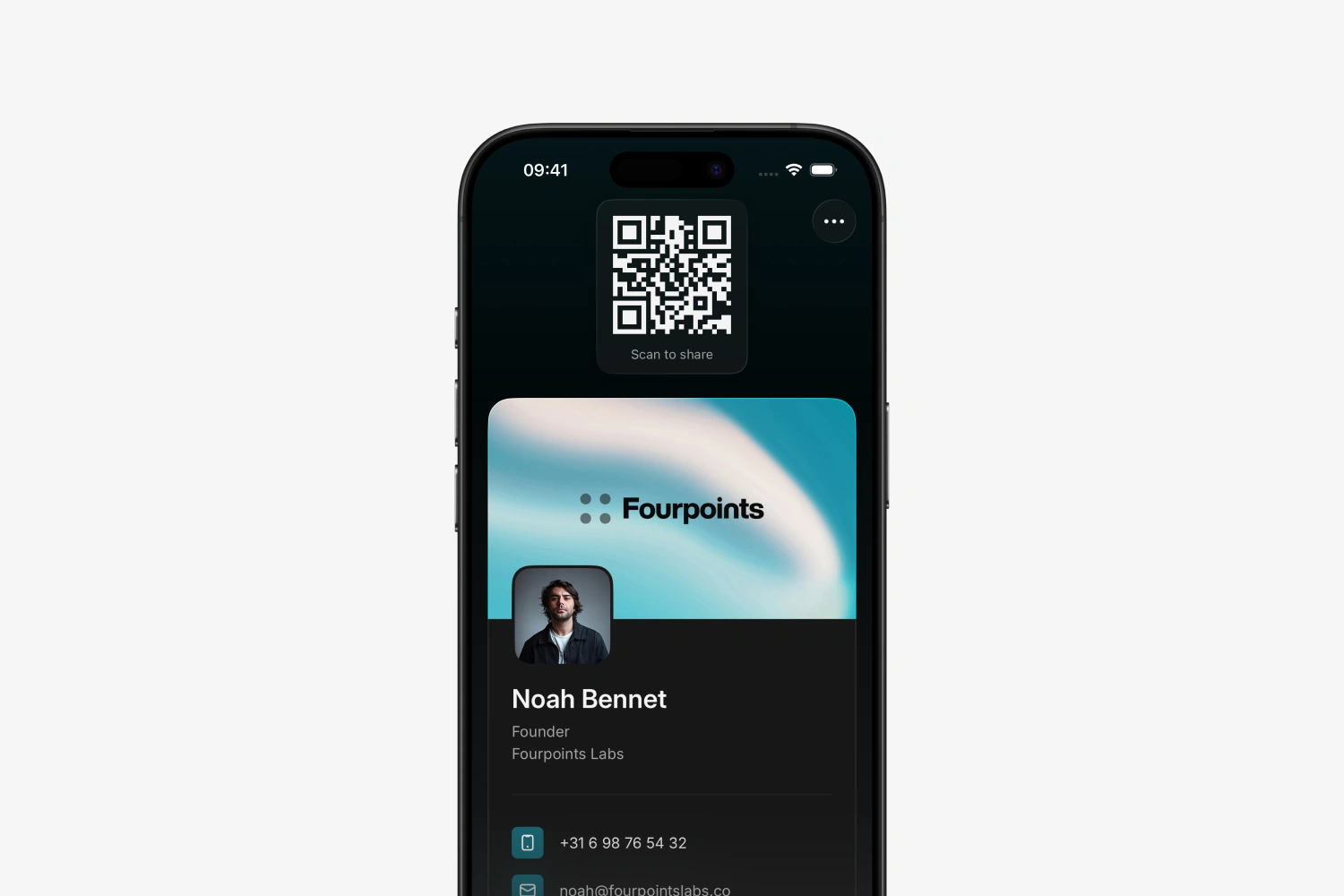 Tapify digital business card on a phone, showing a QR code, company logo, profile photo, and contact details