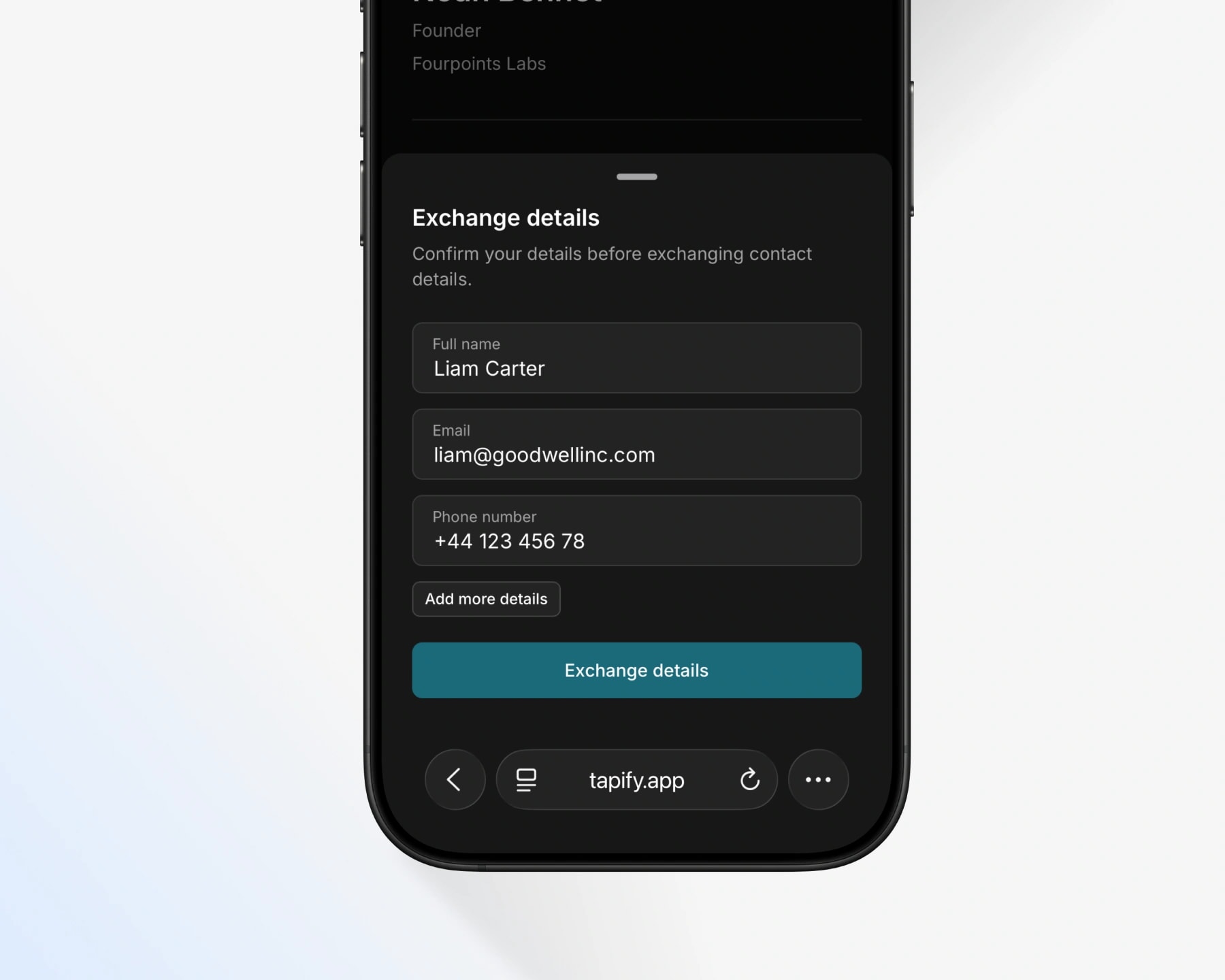 Een digitaal visitekaartje van Tapify delen vanaf een telefoon