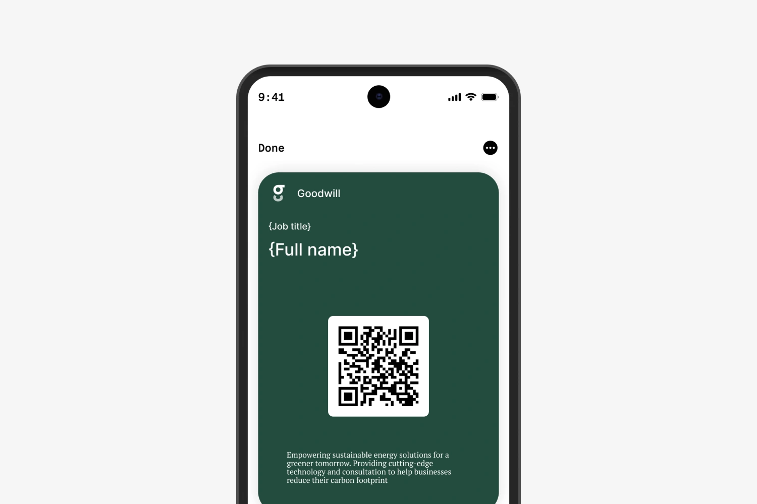 Example design of a green digital business card for Google Wallet with name and job title fields and a QR code