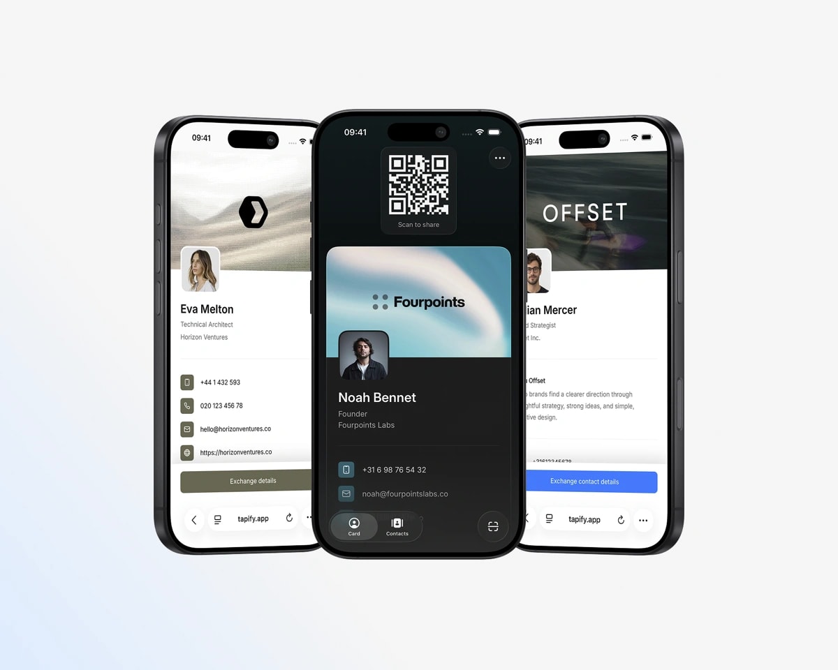 Drei individuell gestaltete digitale Tapify-Visitenkarten auf Smartphones