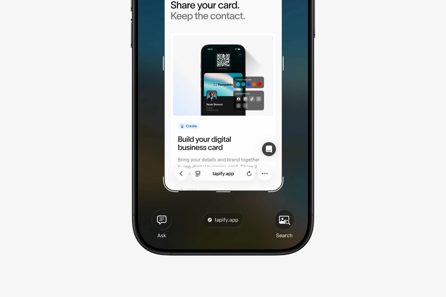 iPhone showing a screenshot with the detected tapify.app link at the bottom of the screen